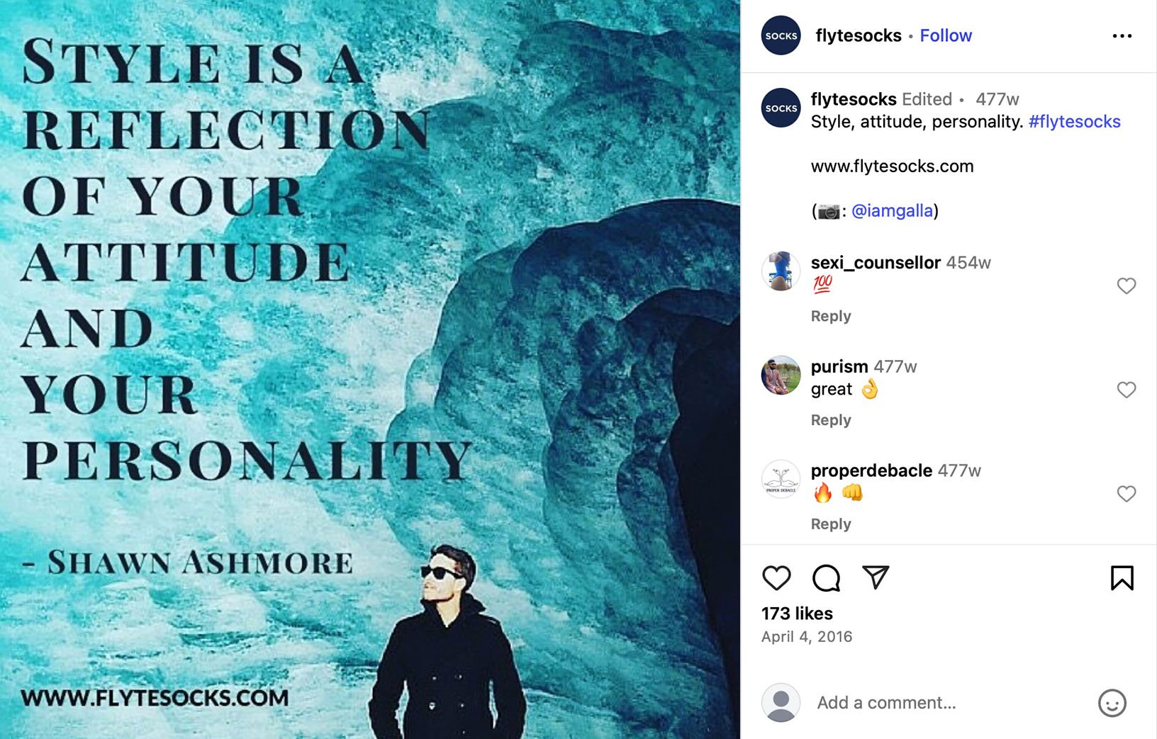 Flyte Socks shares style quote from Shawn Ashmore Man standing in front of icy cave wall with quote 'Style is a reflection of your attitude and your personality' by Shawn Ashmore