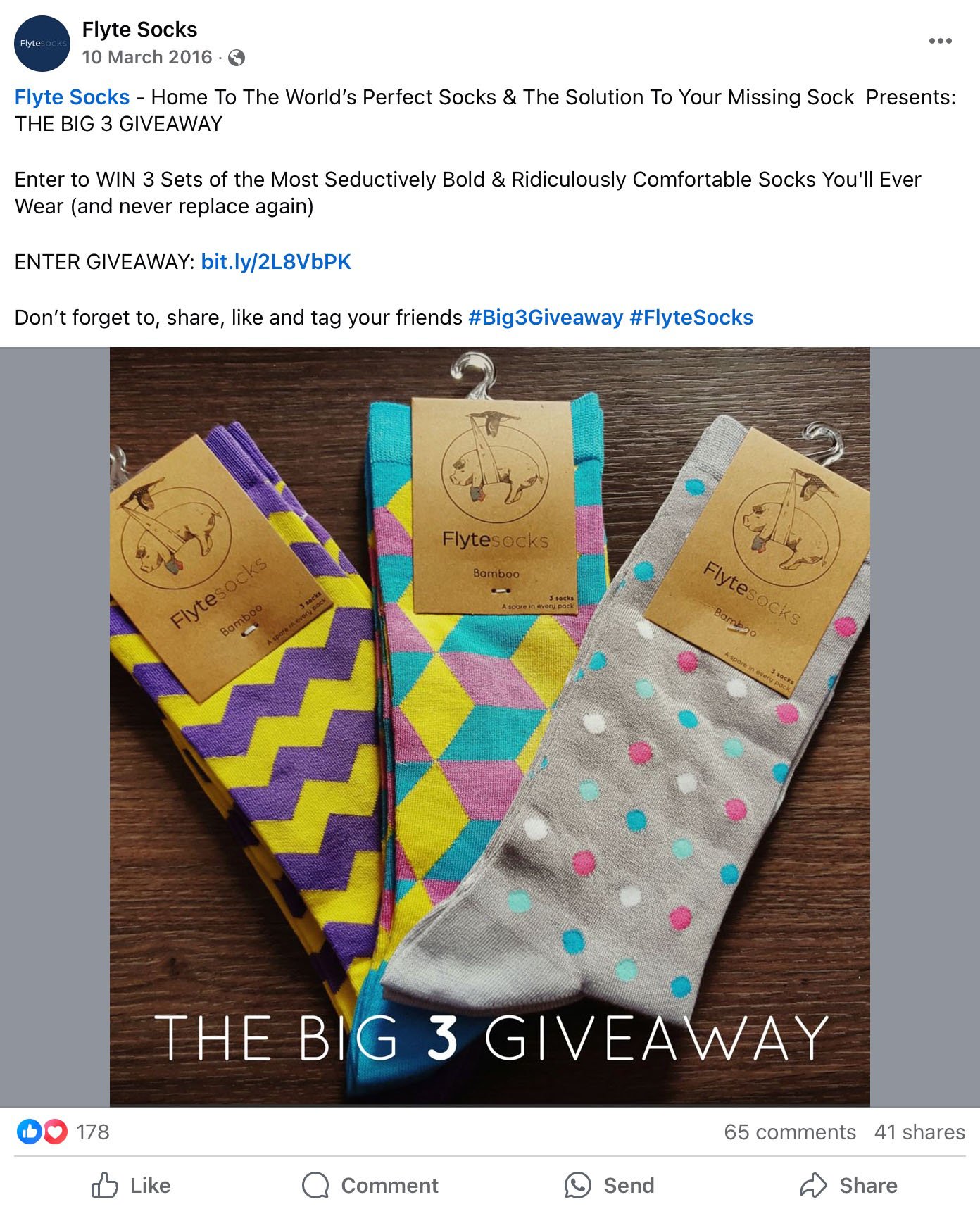 Facebook post by Flyte Socks promoting a giveaway of three colourful bamboo sock sets with bold patterns