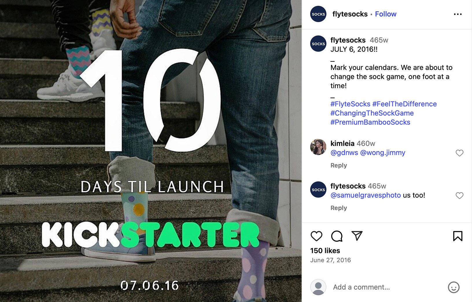 Flyte Socks counts down 10 days to Kickstarter launch Flyte Socks promo image showing colourful socks on stairs with text '10 Days Til Launch – Kickstarter 07.06.16'