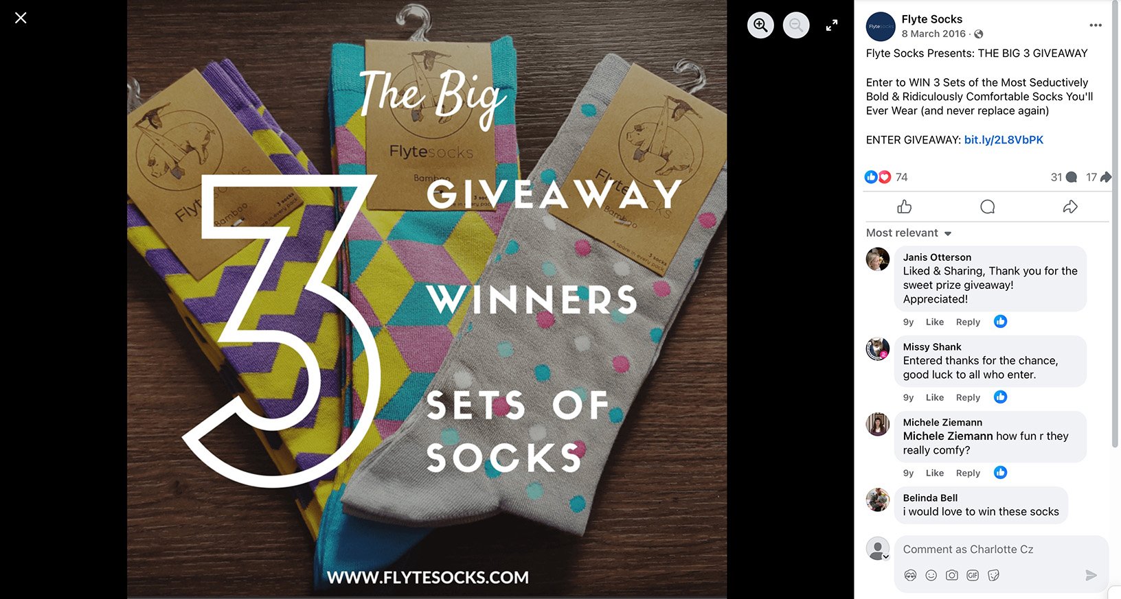 Three colorful pairs of socks with overlay text promoting Flyte Socks giveaway