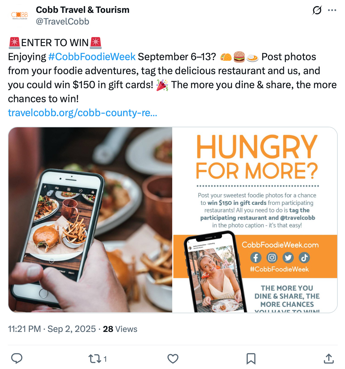 Cobb Travel & Tourism social media giveaway post inviting people to share foodie photos for a chance to win $150 gift cards during Cobb Foodie Week