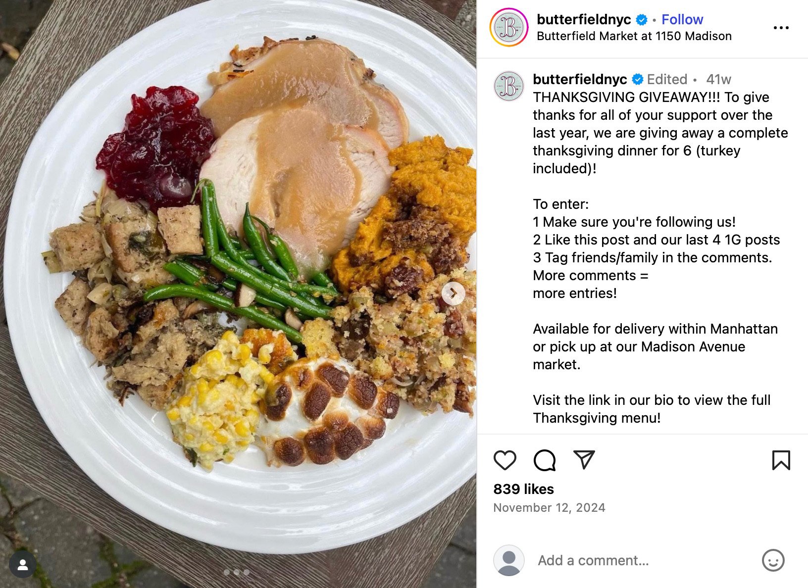 Butterfield Market Instagram giveaway offering a full Thanksgiving dinner for six