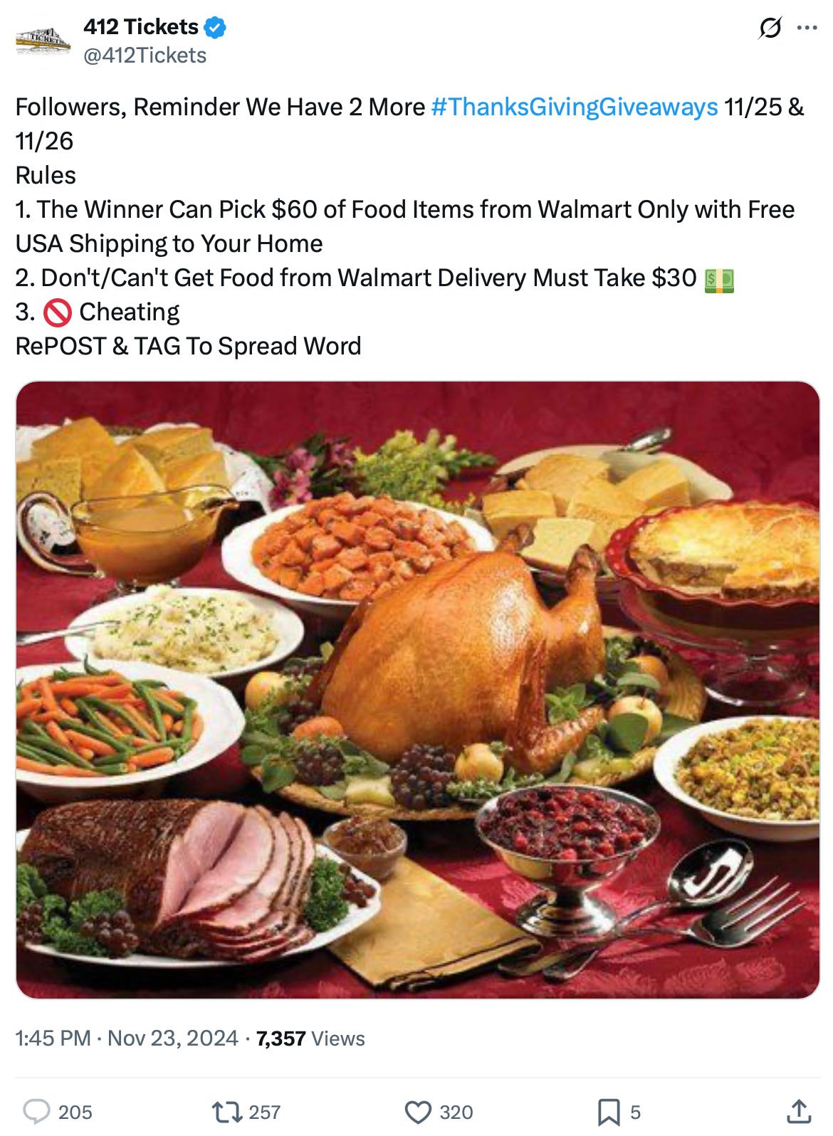 Twitter giveaway post by 412 Tickets offering $60 of Walmart food items as a Thanksgiving prize