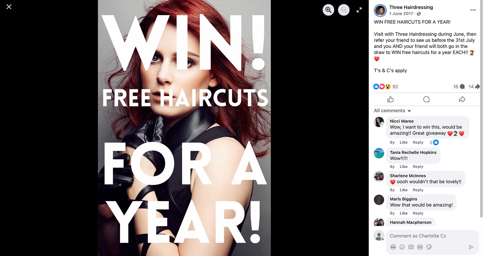 Red-haired woman in black leather gloves with bold white text promoting haircut giveaway