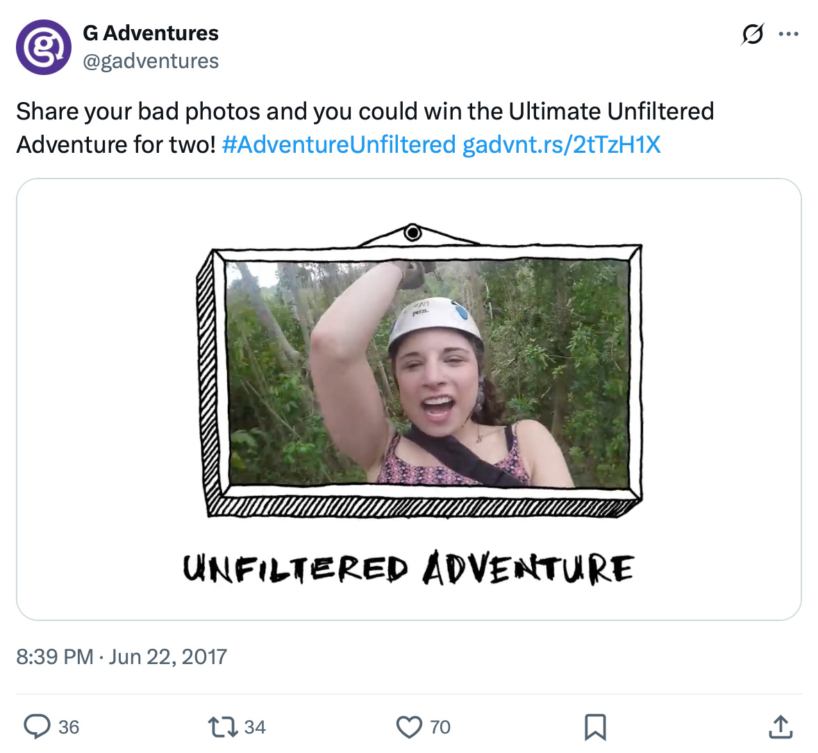 G Adventures invites users to share their worst travel photos to win the Ultimate Unfiltered Adventure A woman mid-scream ziplining through trees, framed as part of a G Adventures Unfiltered Adventure contest