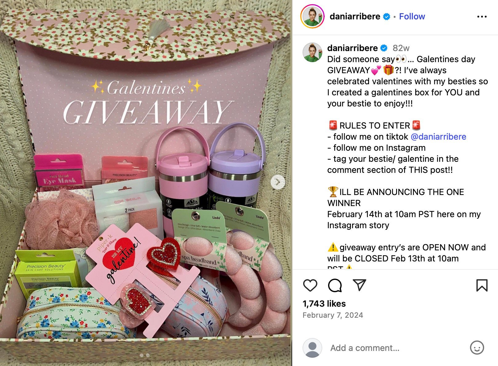 Galentine’s giveaway example on Instagram with themed prizes for best friends Instagram Galentine’s giveaway post featuring a curated gift box with self-care items, drinks, and accessories for friends