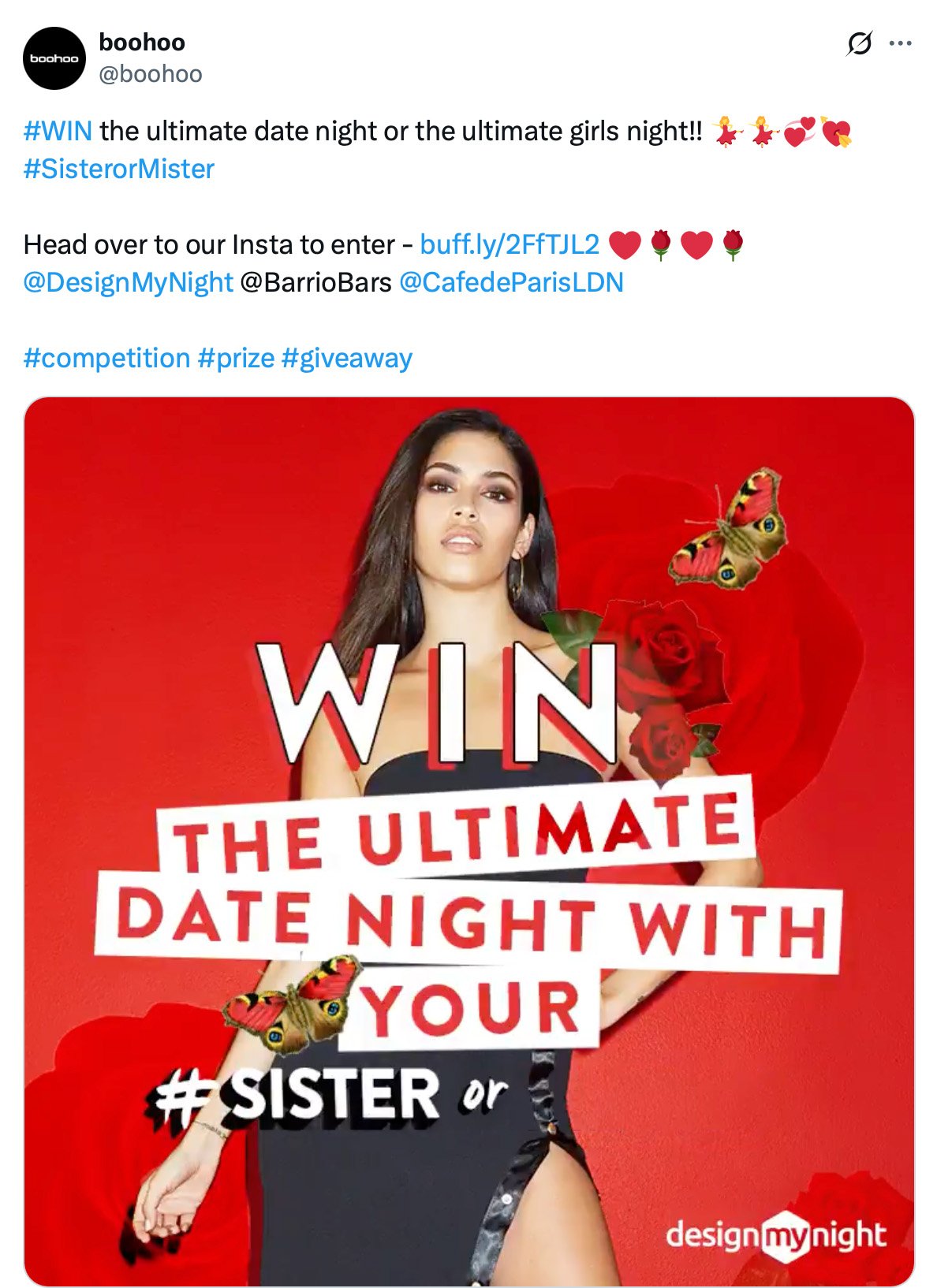 Woman in black dress with butterflies and red background promoting Boohoo date night giveaway