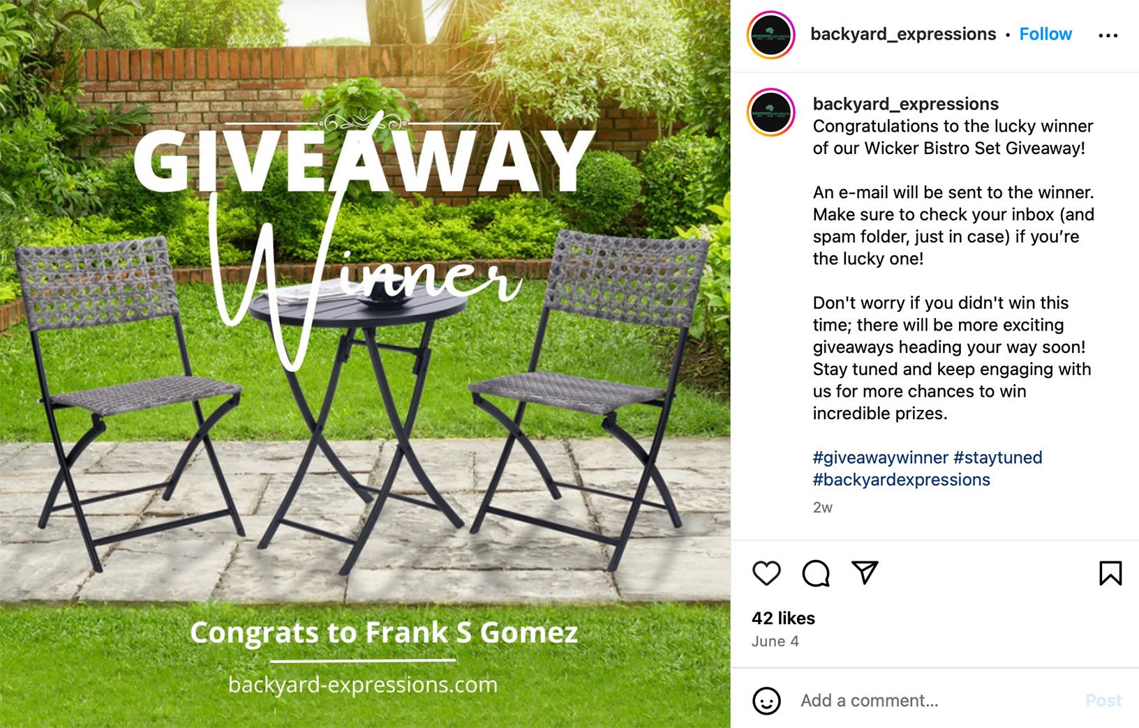 Drive summer engagement with a garden furniture giveaway Instagram post showcasing a garden furniture giveaway for outdoor living