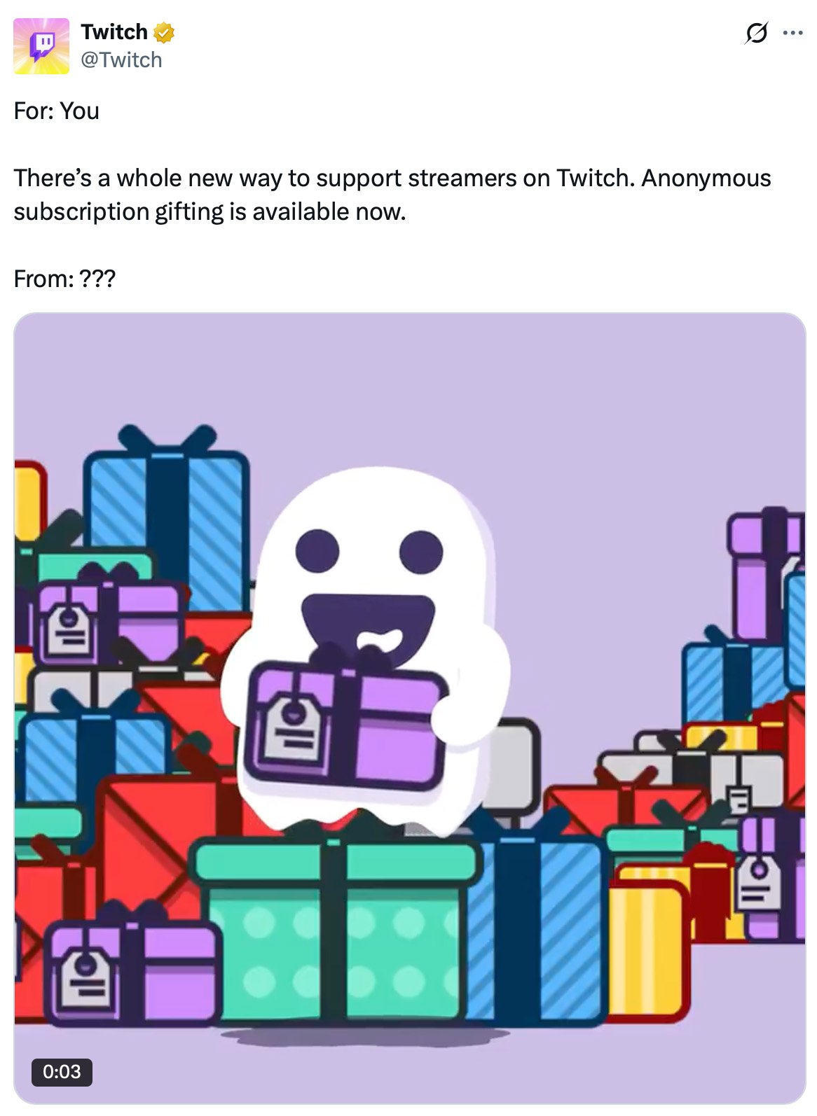 Animated Twitch ghost character holding a purple gift surrounded by colourful presents