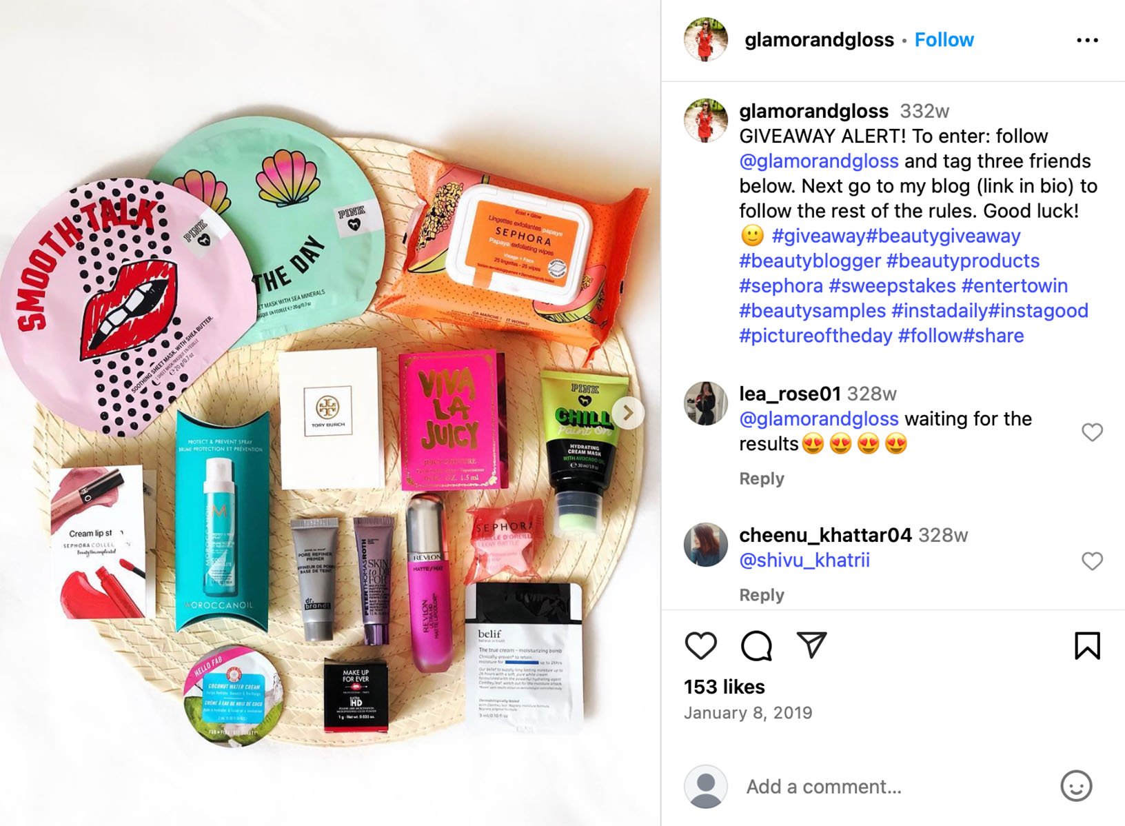 Glamour and Gloss beauty giveaway campaign on Instagram Glamour and Gloss Instagram post promoting a beauty and lifestyle giveaway package