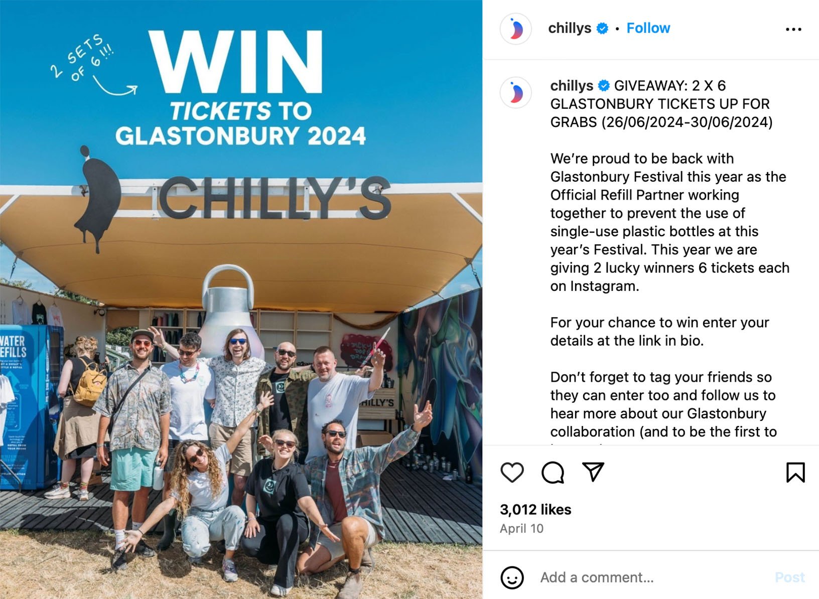 Create buzz with a Glastonbury tickets giveaway campaign Instagram post promoting a Glastonbury tickets giveaway for festival fans