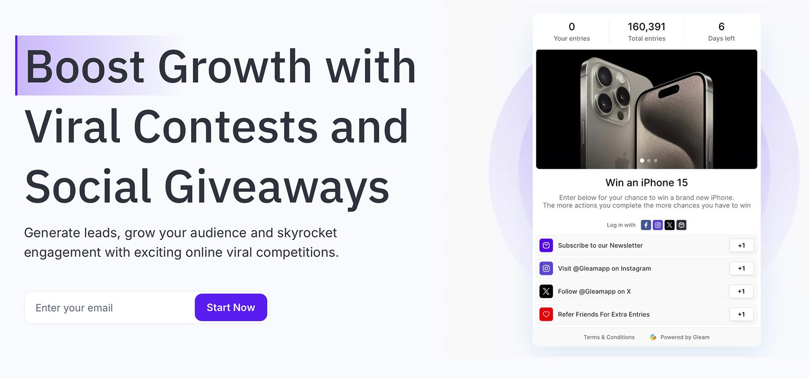 Gleam giveaway interface promoting a viral contest with multiple entry options