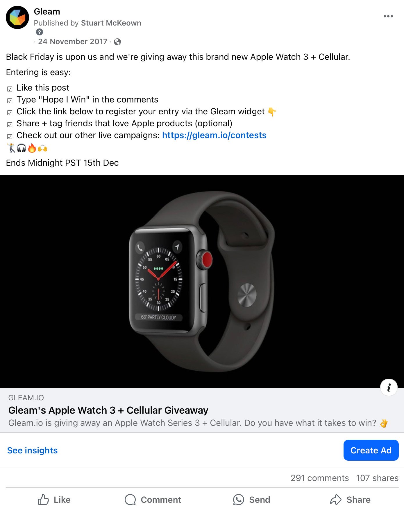 Gleam Facebook post announcing Apple Watch Series 3 giveaway with entry instructions