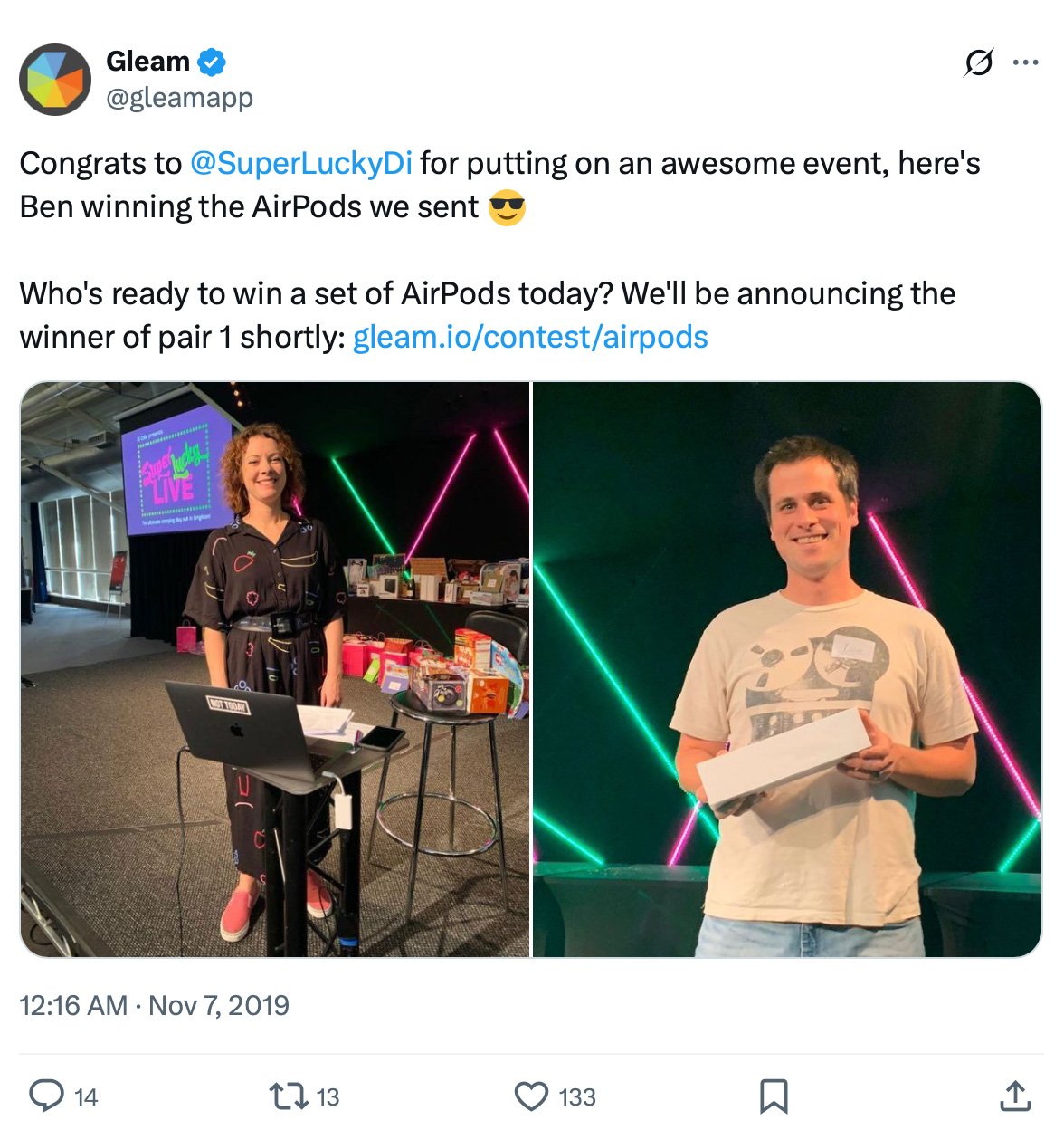 Gleam announces an AirPods giveaway at an event hosted by SuperLuckyDi Two photos side by side—one of a woman at an event booth with giveaway prizes, and the other of a man holding a box of AirPods with neon lights behind