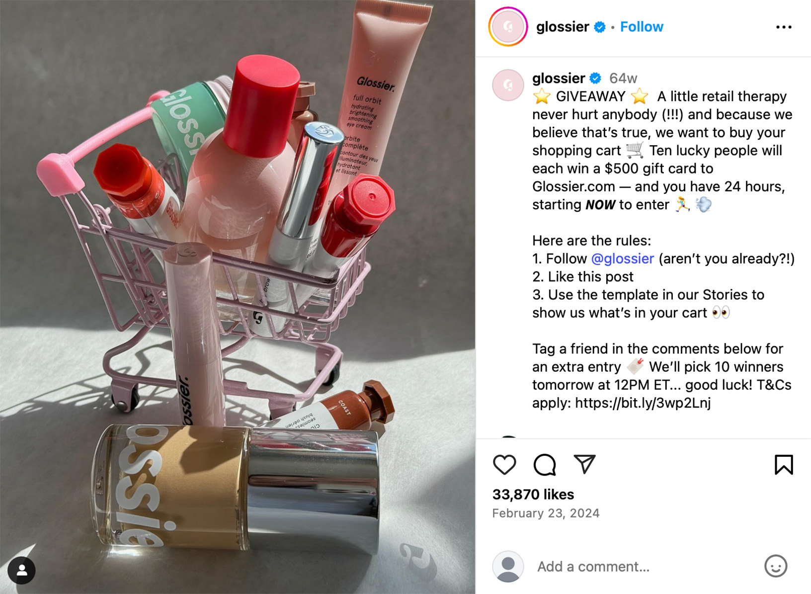 Glossier curated beauty giveaway promotion on Instagram Glossier Instagram post promoting a beauty product giveaway with a curated skincare set
