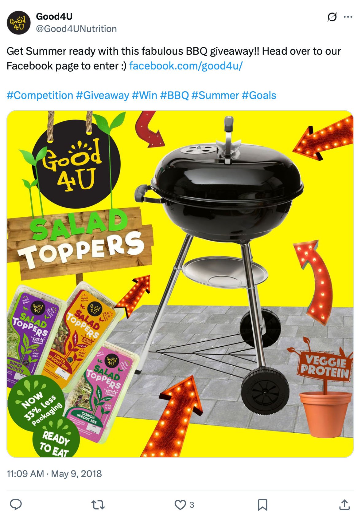 Colorful BBQ giveaway ad featuring salad toppers and grill on yellow background