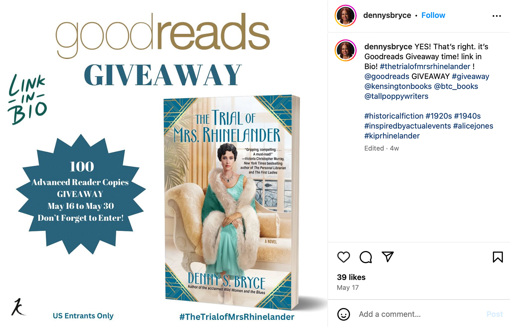 Attract book lovers with a Goodreads giveaway promotion Instagram post promoting a Goodreads giveaway for book readers