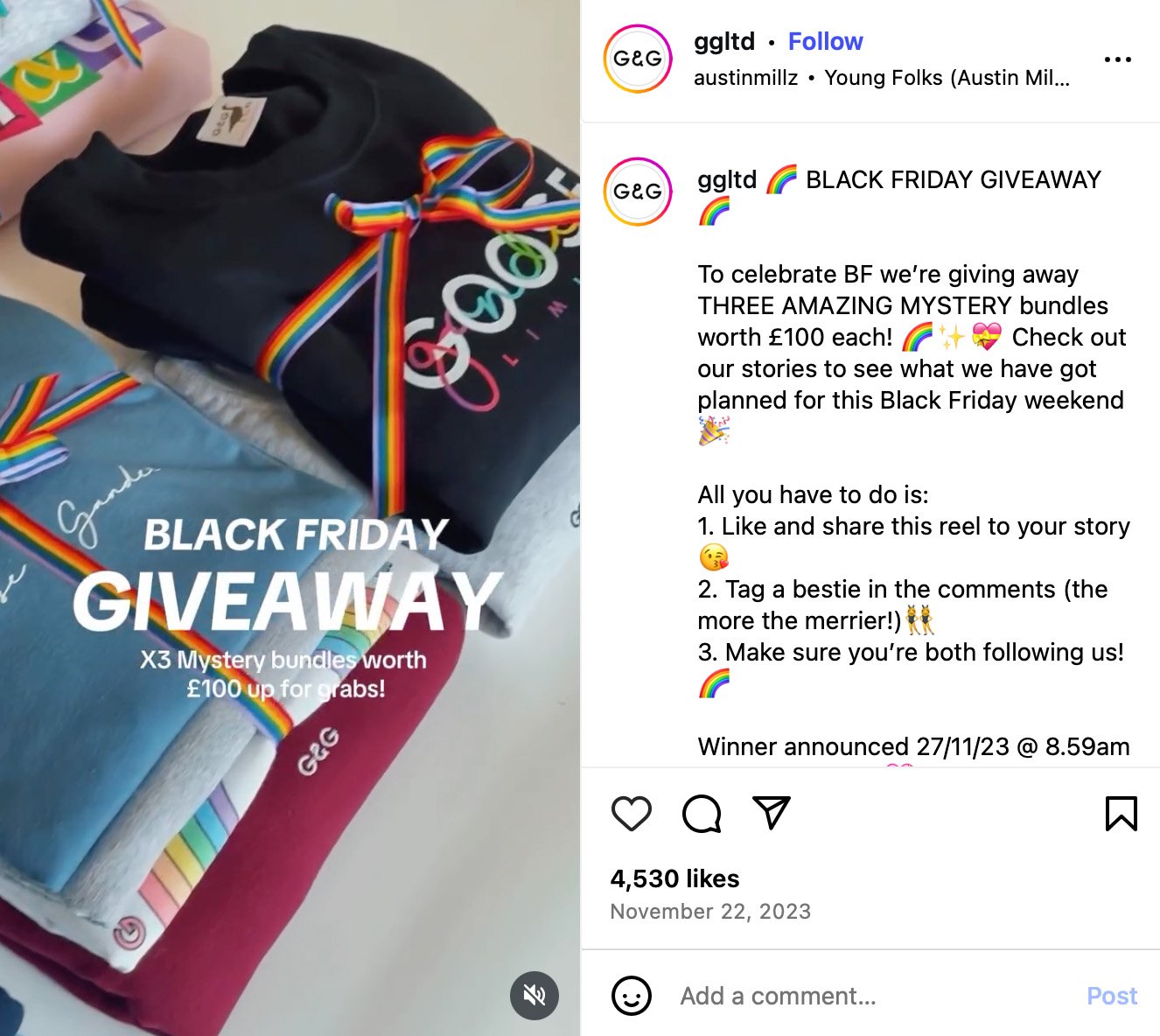 G&g Ltd launches Black Friday giveaway with £100 mystery bundles Folded sweatshirts with rainbow ribbon bundles promoting a Black Friday giveaway