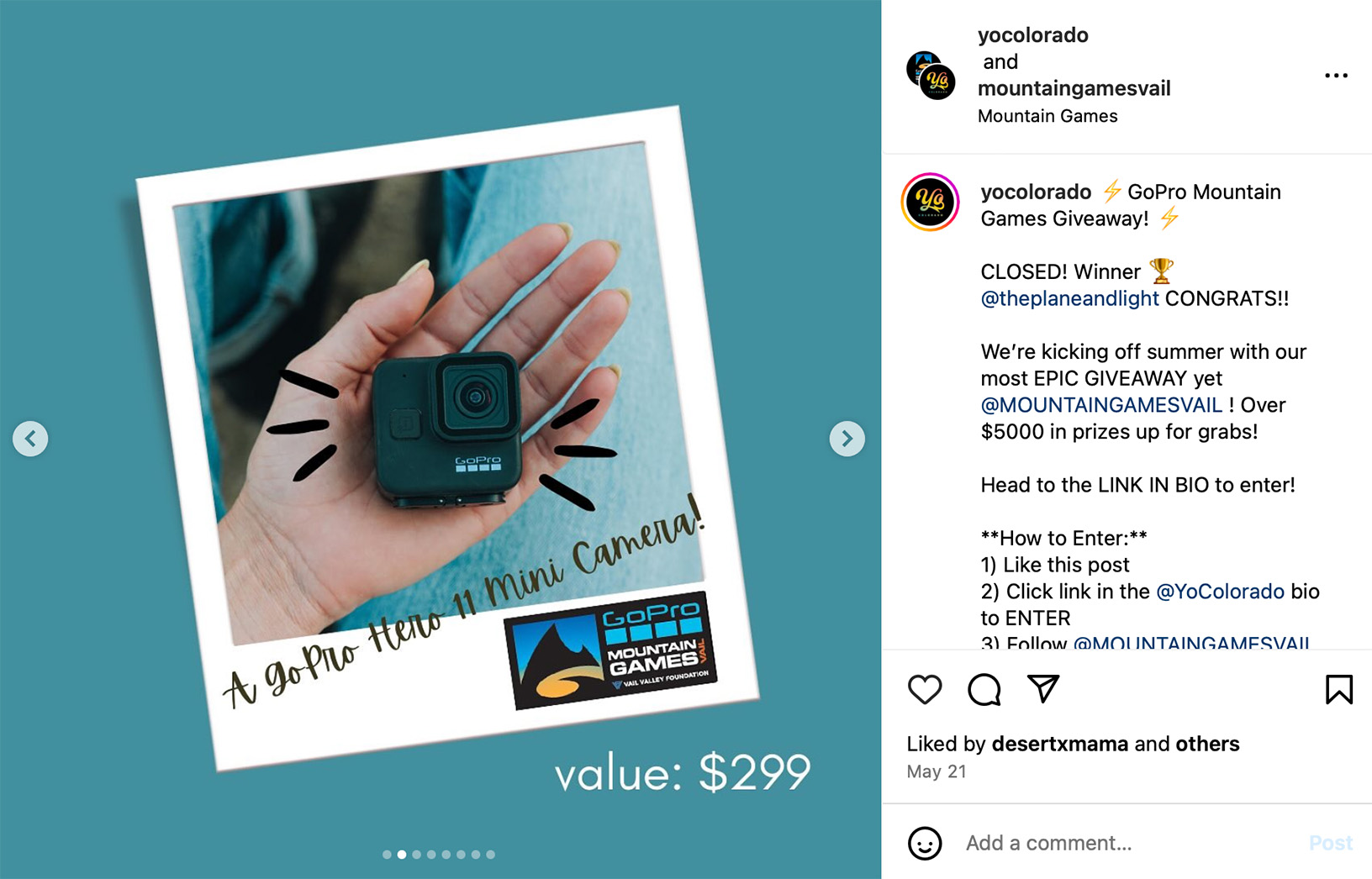 Excite adventure seekers with a GoPro camera giveaway Instagram post promoting a GoPro camera giveaway for adventure seekers