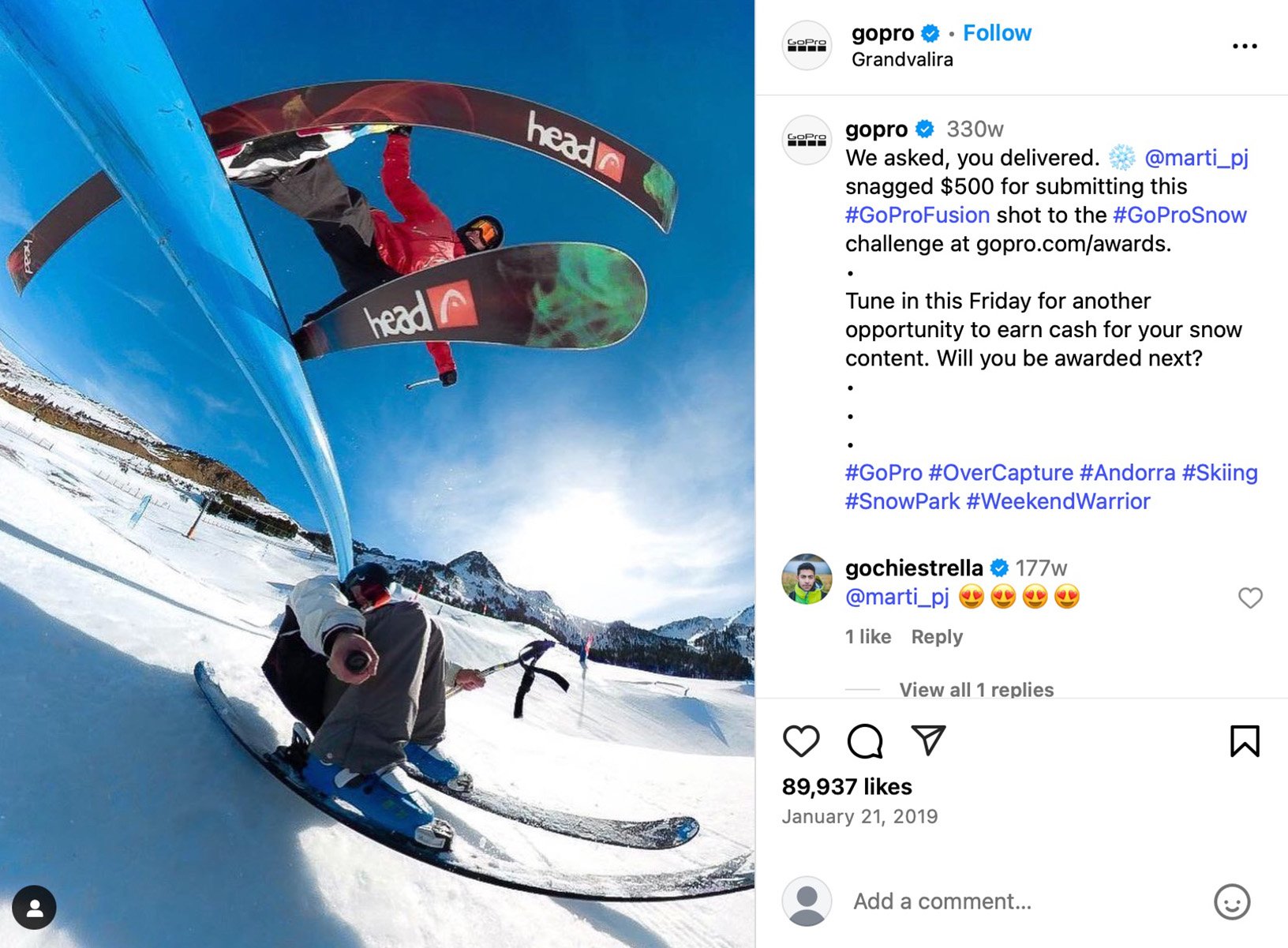 GoPro adventure giveaway campaign on Instagram GoPro Instagram post featuring an action shot and promotional giveaway