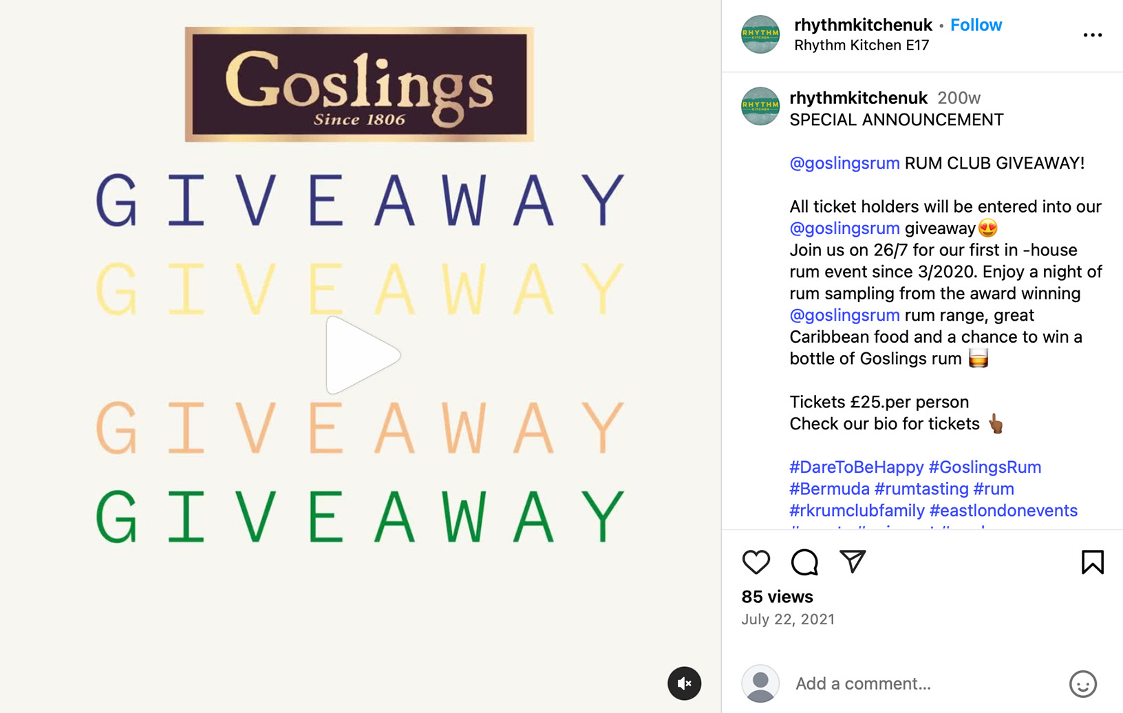 Goslings spirits giveaway campaign on Instagram Goslings Instagram post featuring a branded spirits giveaway with product imagery and lifestyle styling