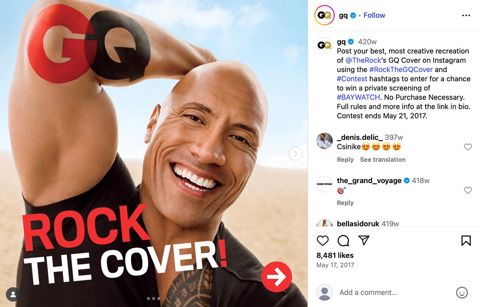 GQ invites fans to recreate The Rock’s cover for a chance to win a private Baywatch screening The Rock smiling on a beach with GQ logo painted on his arm, promoting a GQ cover contest