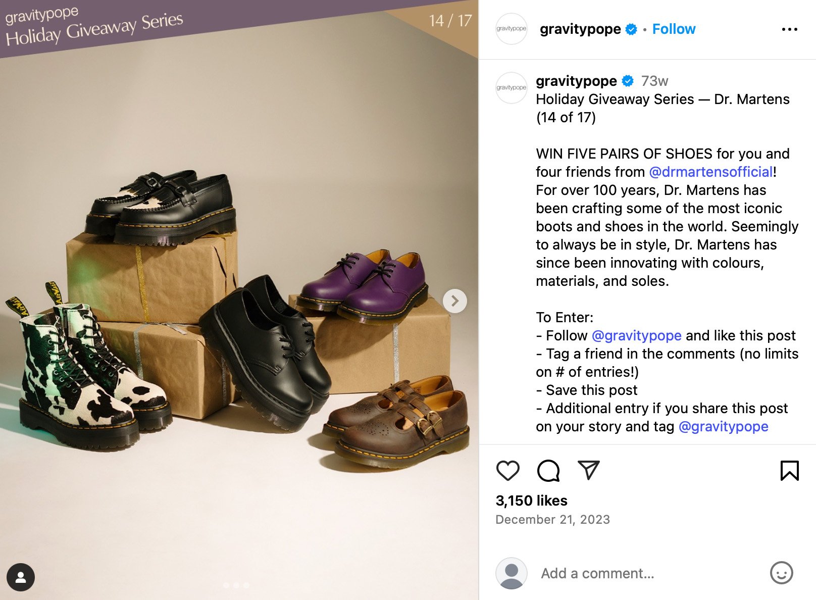 Gravitypope Instagram post promoting a fashion giveaway with curated clothing and accessories