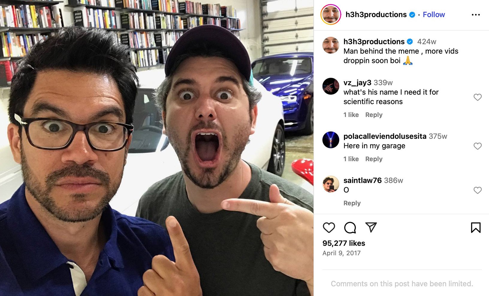 h3h3productions meets Tai Lopez — the 'Here in my garage' meme moment Ethan Klein of h3h3productions pointing at Tai Lopez inside a garage full of cars and bookshelves
