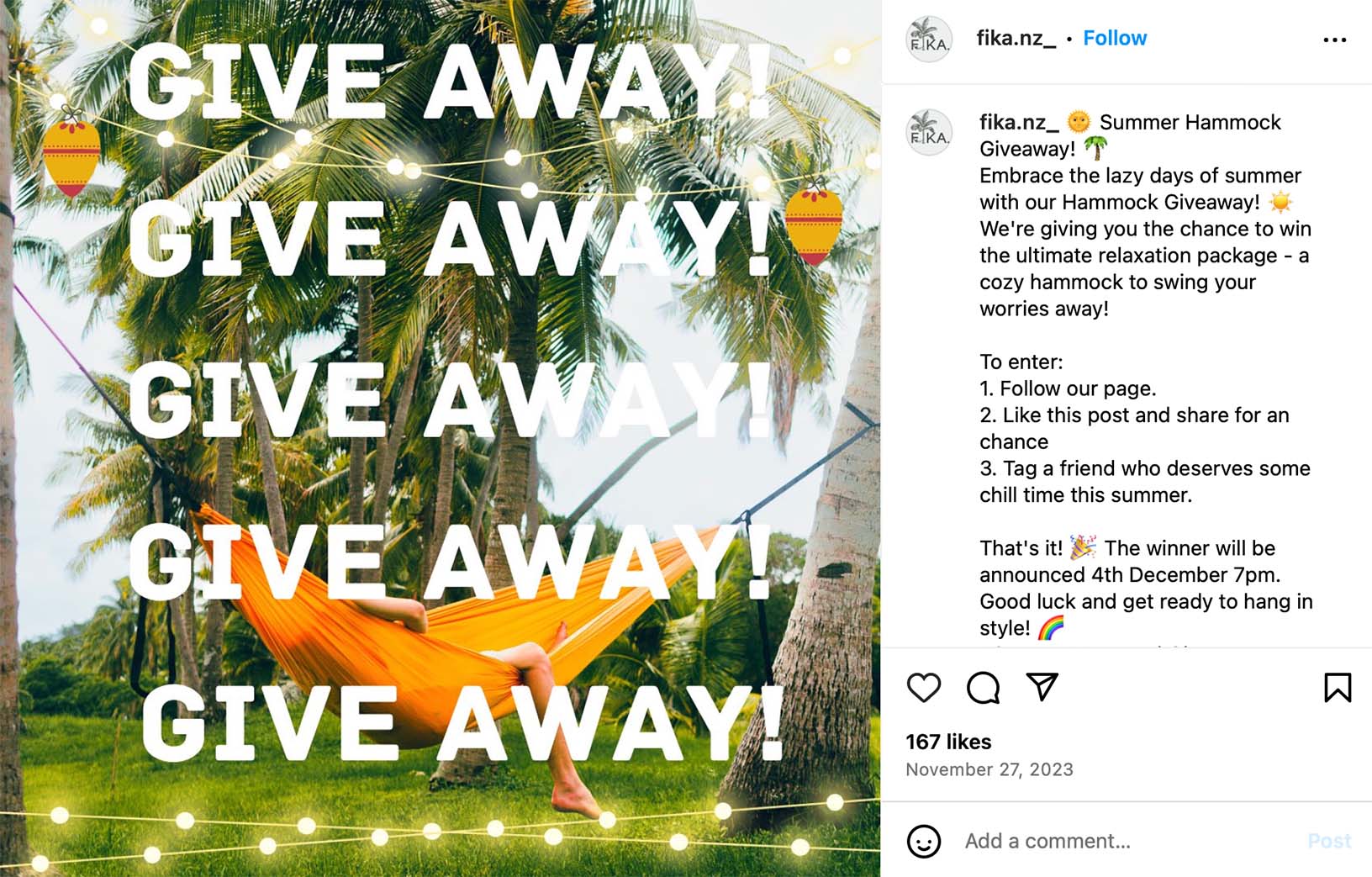 Promote relaxation and outdoor living with a hammock giveaway Instagram post promoting a hammock giveaway for outdoor relaxation