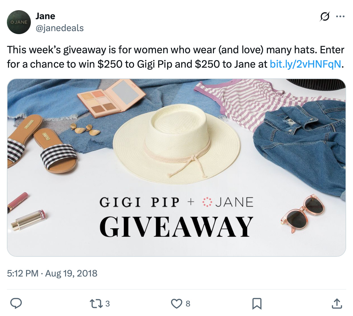 Gigi Pip + Jane Giveaway — Win $250 to each brand for your summer essentials Twitter giveaway post featuring a sunhat, makeup, sunglasses, and accessories with Gigi Pip and Jane branding