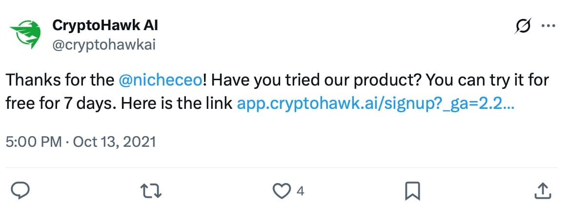 Hawk AI giveaway promotion on Twitter
