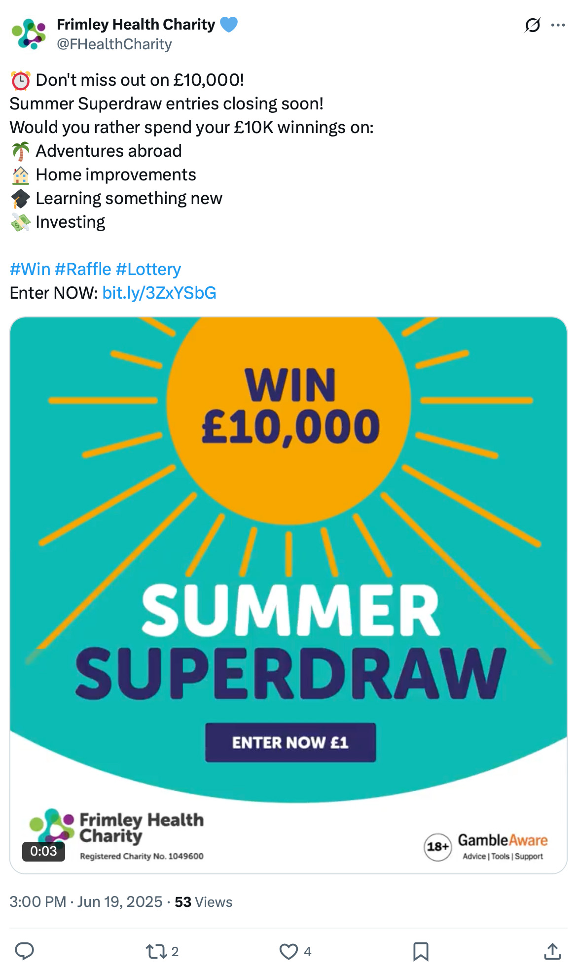 Frimley Health Charity Summer Superdraw for £10,000 Frimley Health Charity tweet promoting a £10,000 Summer Superdraw with a £1 entry