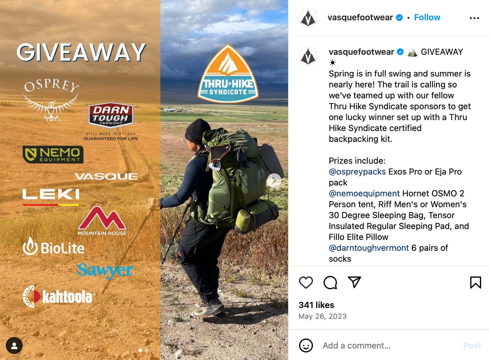 Engage outdoor enthusiasts with a hiking gear giveaway Instagram post promoting a hiking gear giveaway to outdoor enthusiasts