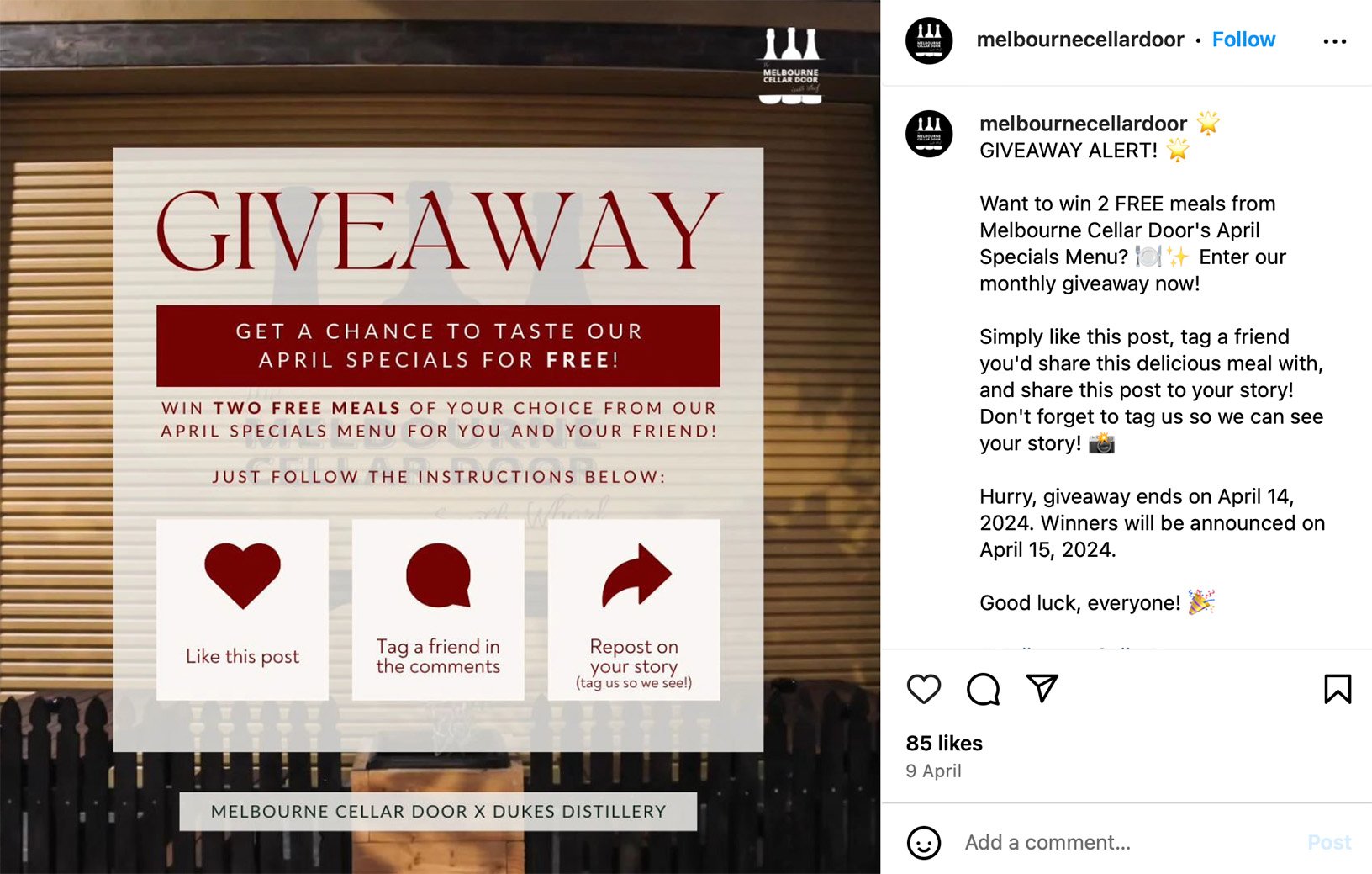 Hospitality giveaway example on Instagram