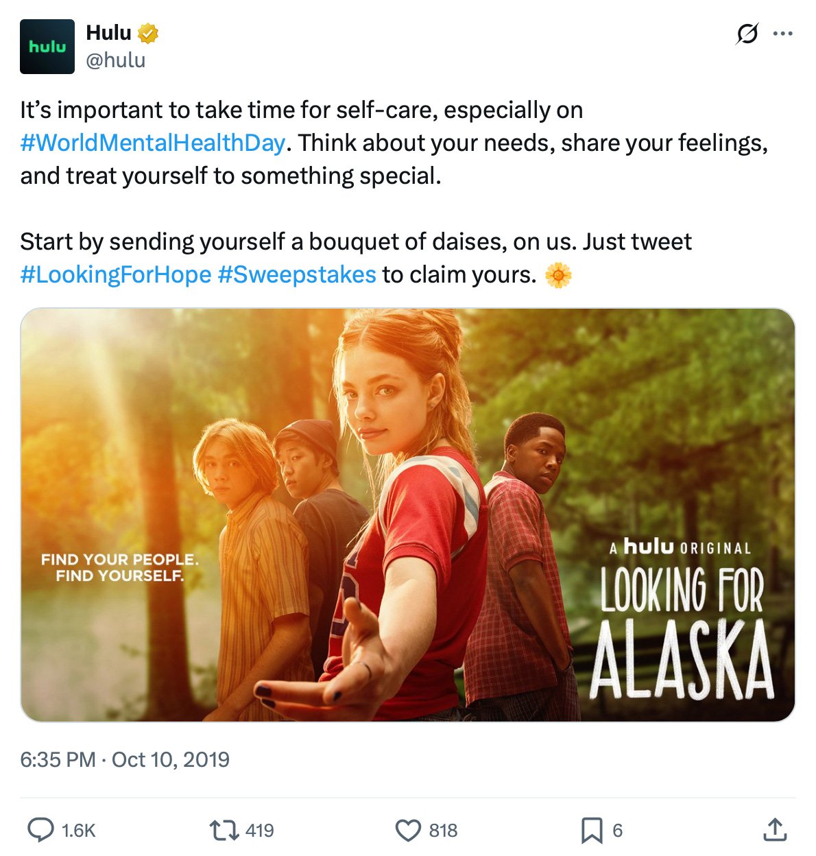Hulu tweet promoting a #LookingForHope sweepstakes for World Mental Health Day with an image from Looking for Alaska