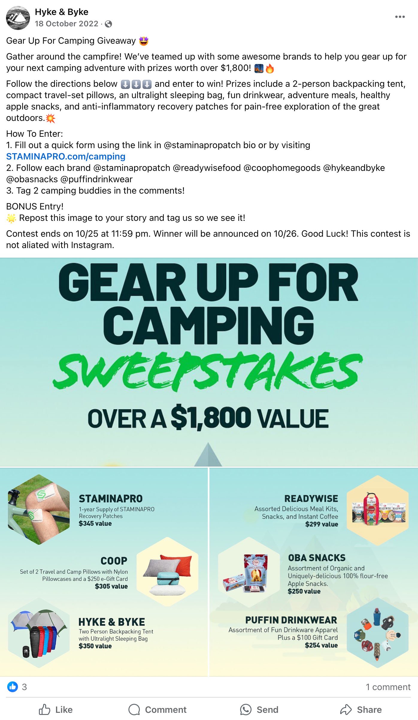 Camping giveaway flyer showing gear items and total prize value over $1,800