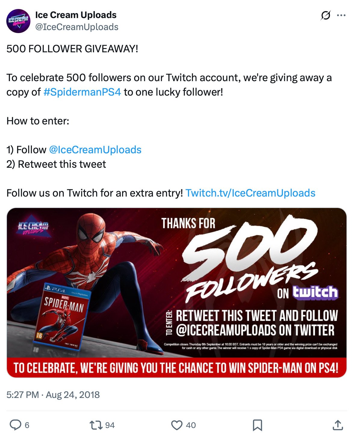 Ice Cream Uploads Giveaway — Win Spider-Man PS4 for following and retweeting Twitter post by Ice Cream Uploads celebrating 500 Twitch followers with a Spider-Man PS4 giveaway