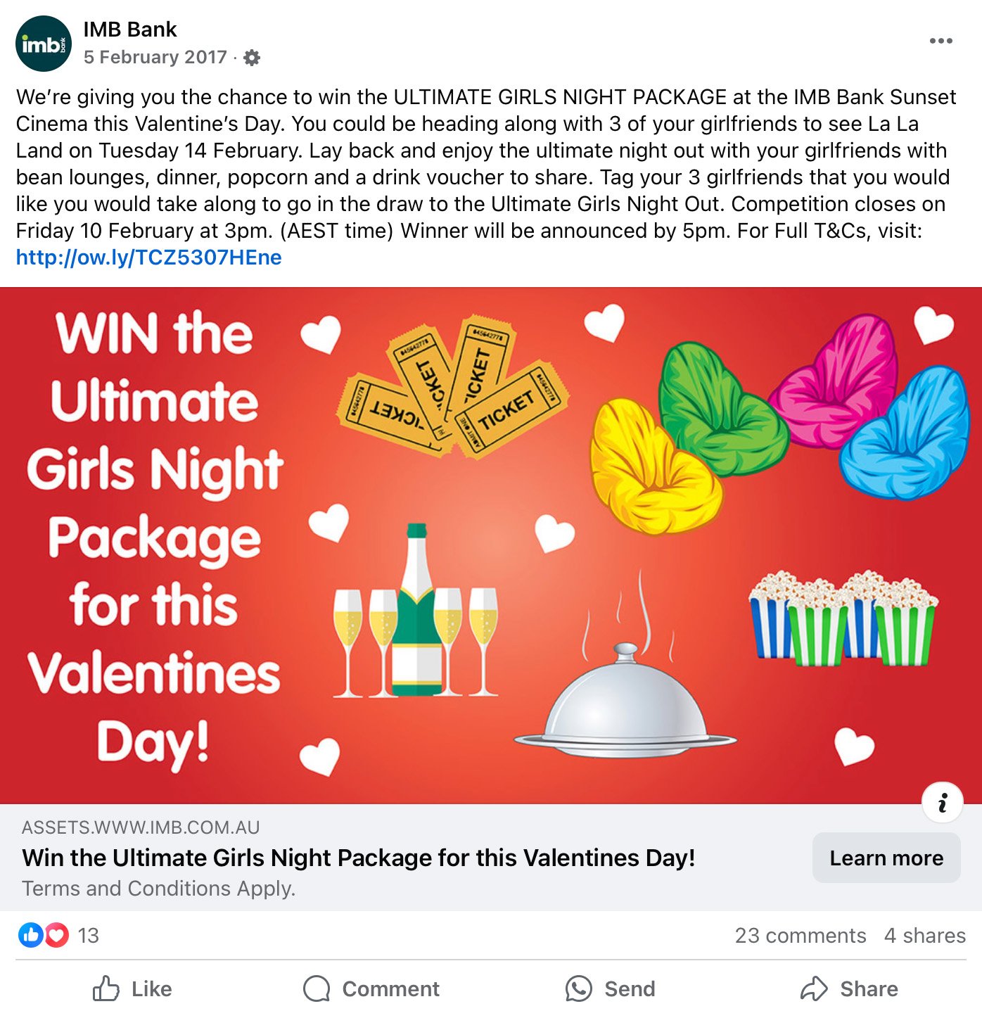 Red Valentines-themed graphic with popcorn, champagne and tickets for girls night giveaway