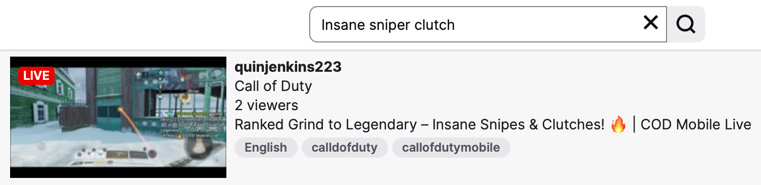 Twitch search result showing a live Call of Duty stream titled 'Insane Snipes & Clutches'