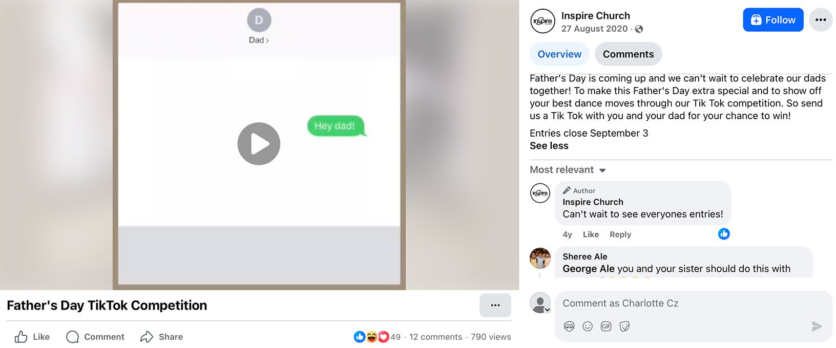 Inspire Church Facebook video post featuring a community-driven giveaway event with branded visuals