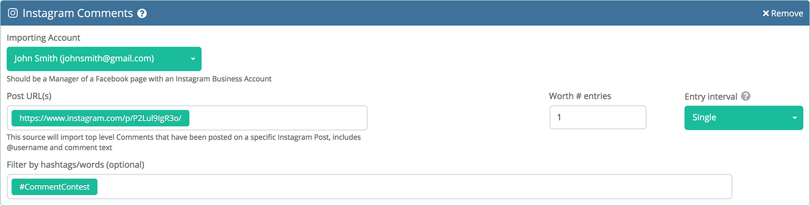 Filter your Instagram comment imports through hashtag or word filters
