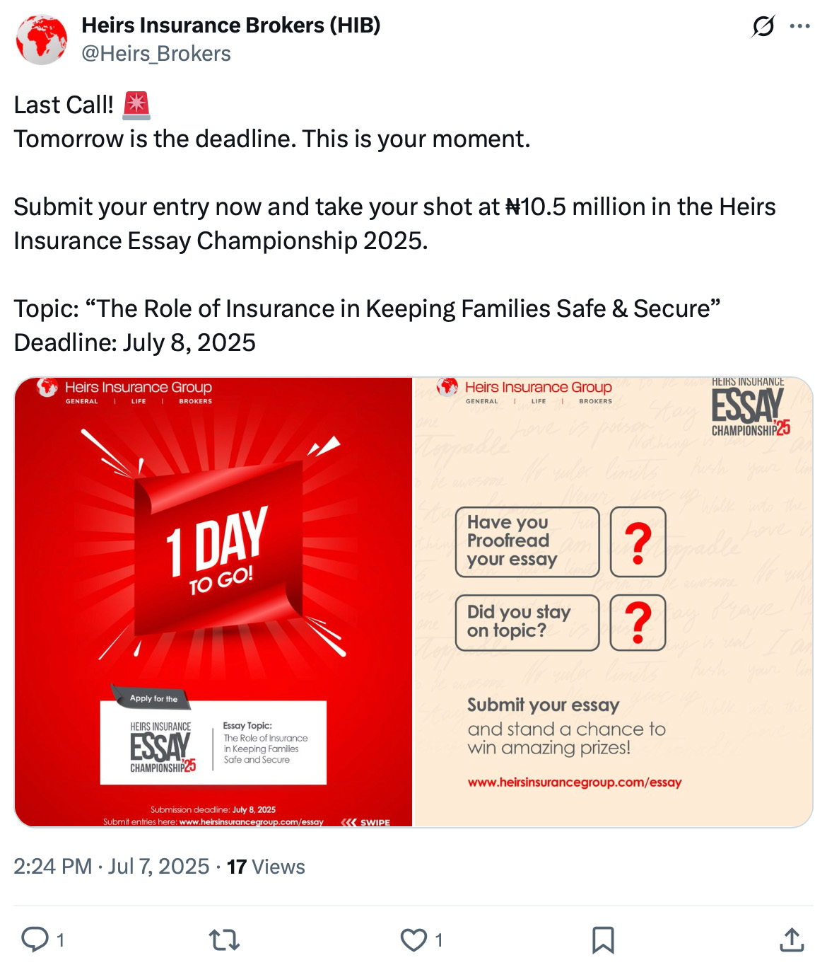 Promotional graphic for Heirs Insurance Essay Championship showing countdown and submission tips