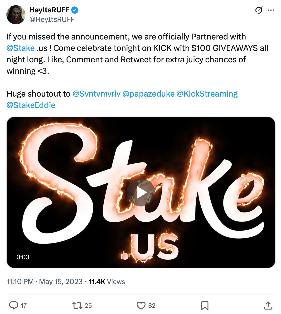 Hey It’s RUFF Twitter post featuring a playful pet-themed giveaway with branded dog treats and packaging