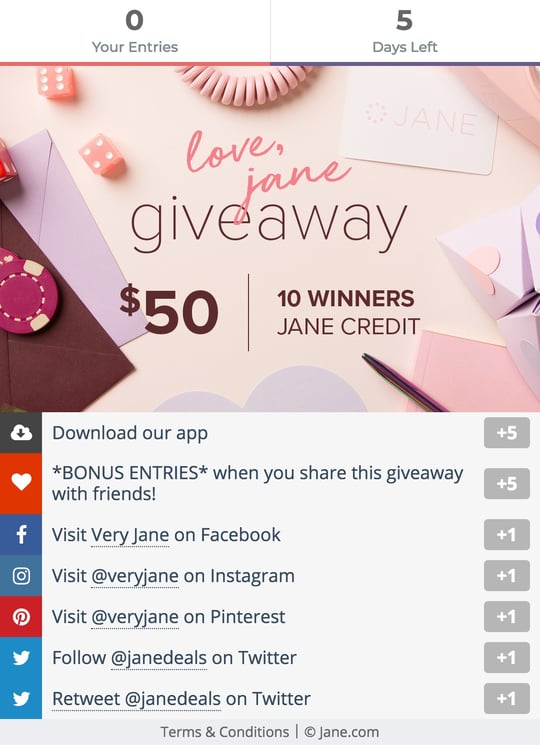 Jane.com's Gleam Competitions campaign widget