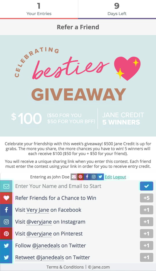 Jane.com's Gleam Competitions campaign widget