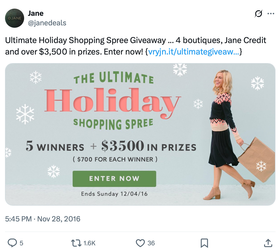 Jane Holiday Giveaway — Win a $700 shopping spree from Jane and featured boutiques Twitter giveaway post by Jane promoting a holiday shopping spree with five winners and $3,500 in prizes