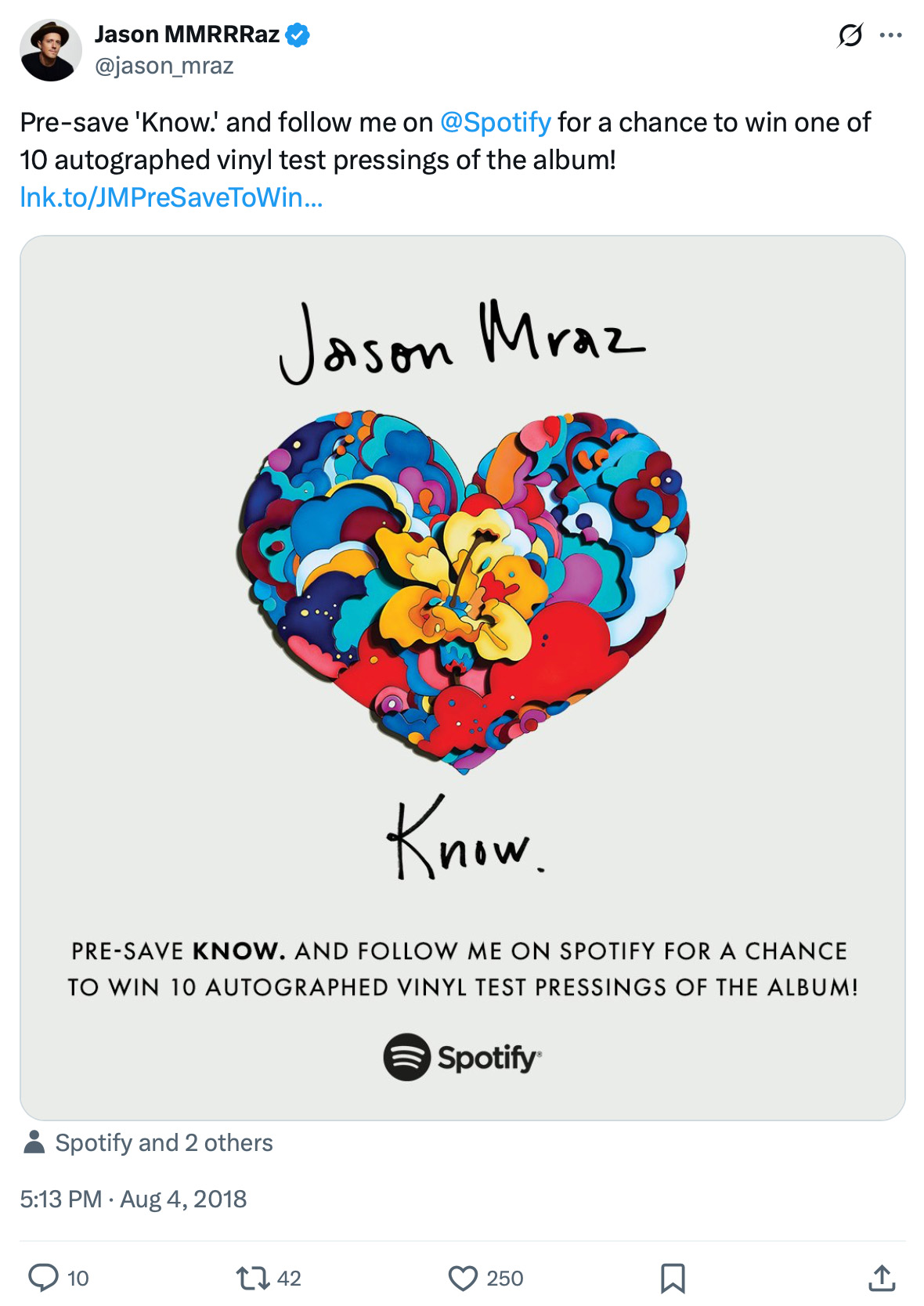 Colorful heart artwork with Jason Mraz's name and instructions for vinyl giveaway