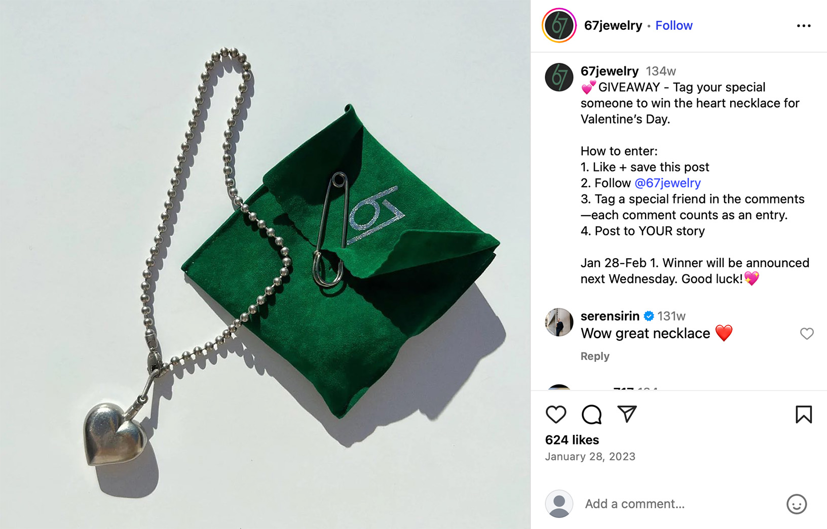 Valentines jewellery giveaway promotion on Instagram Instagram Valentines giveaway post featuring jewellery displayed in a heart-shaped box with roses