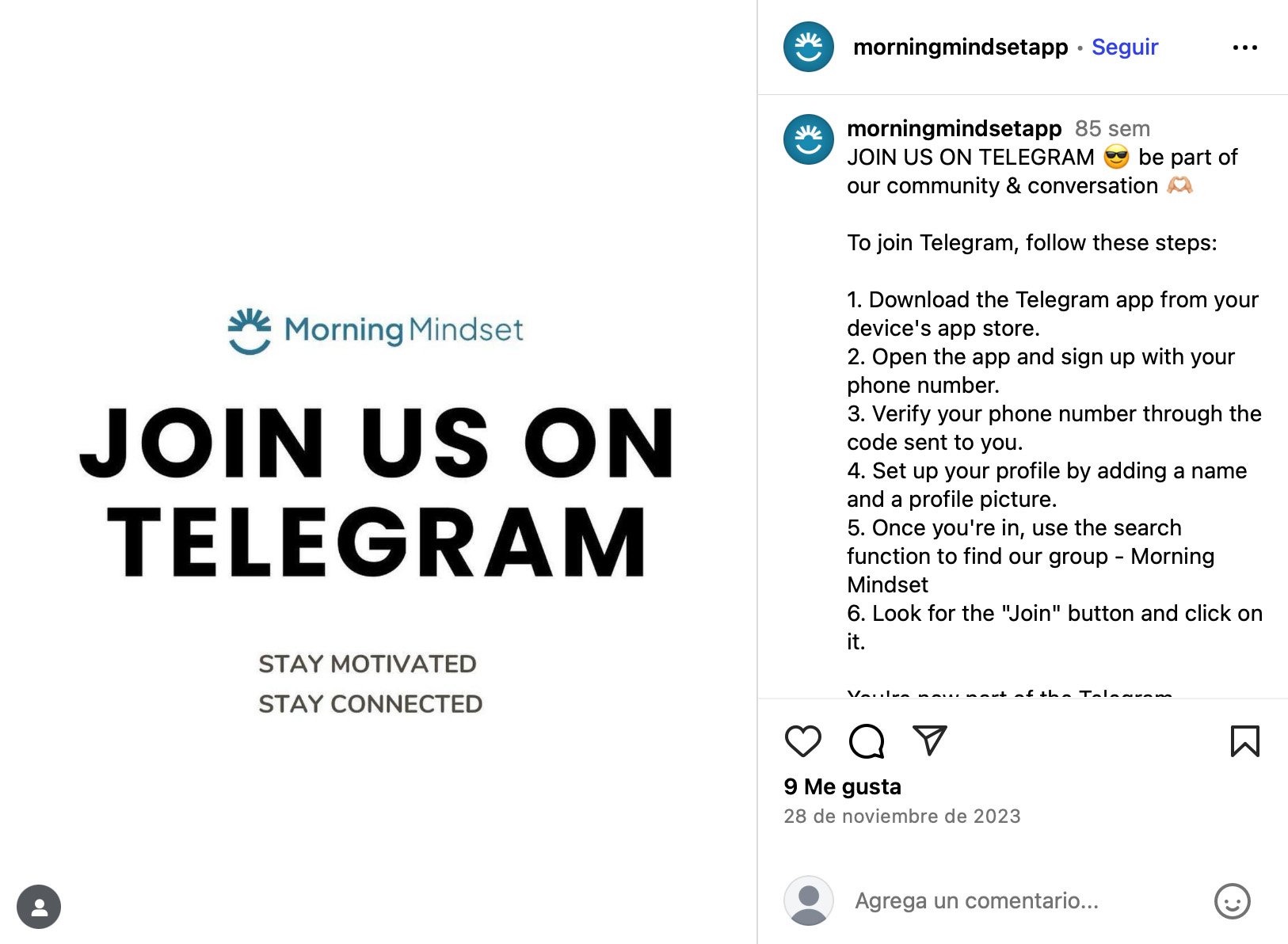 Morning Mindset Instagram post inviting users to join their Telegram group with joining instructions