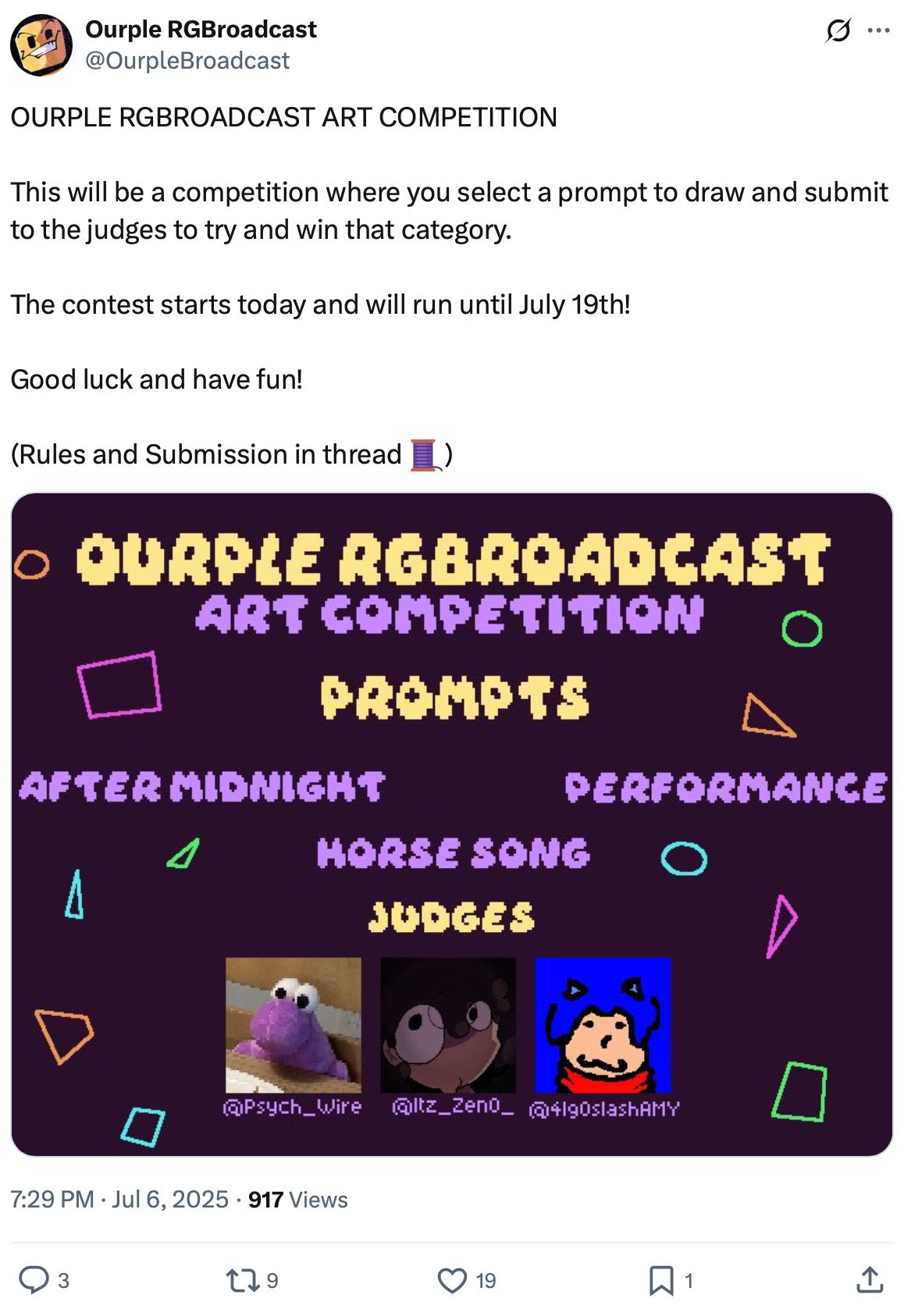 Art competition tweet from @OurpleBroadcast featuring prompts and judges Tweet from @OurpleBroadcast announcing an art competition with drawing prompts and a judging panel
